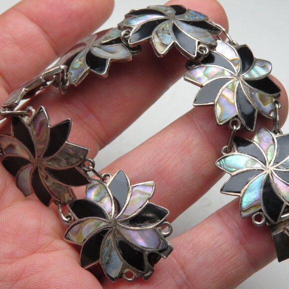 *925 Sterling Silver Onyx & Shells Bracelet Vintage - Picture 3 of 4